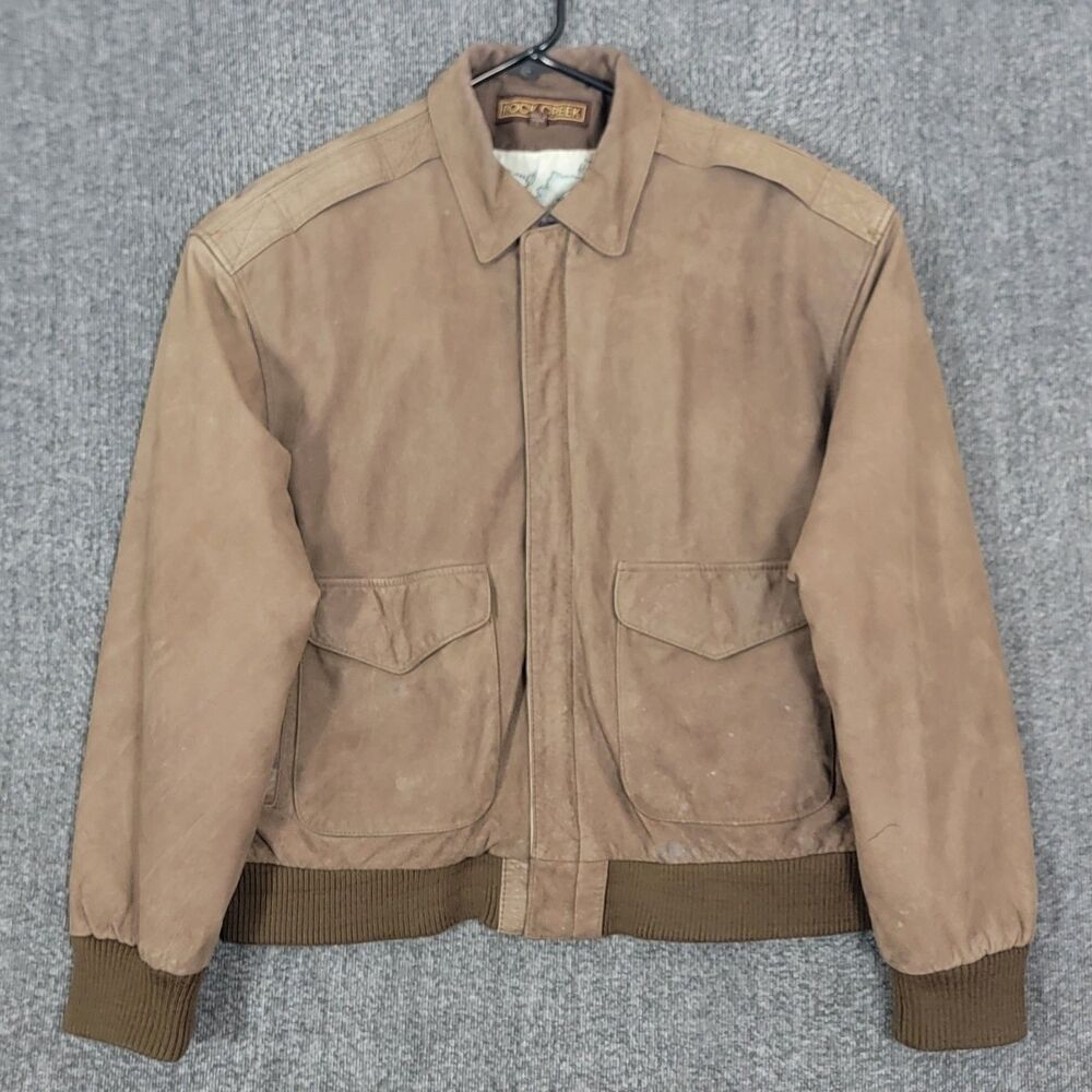 Vintage Rock Creek Jacket Mens L Brown Genuine Leather Bomber Map Print Lining